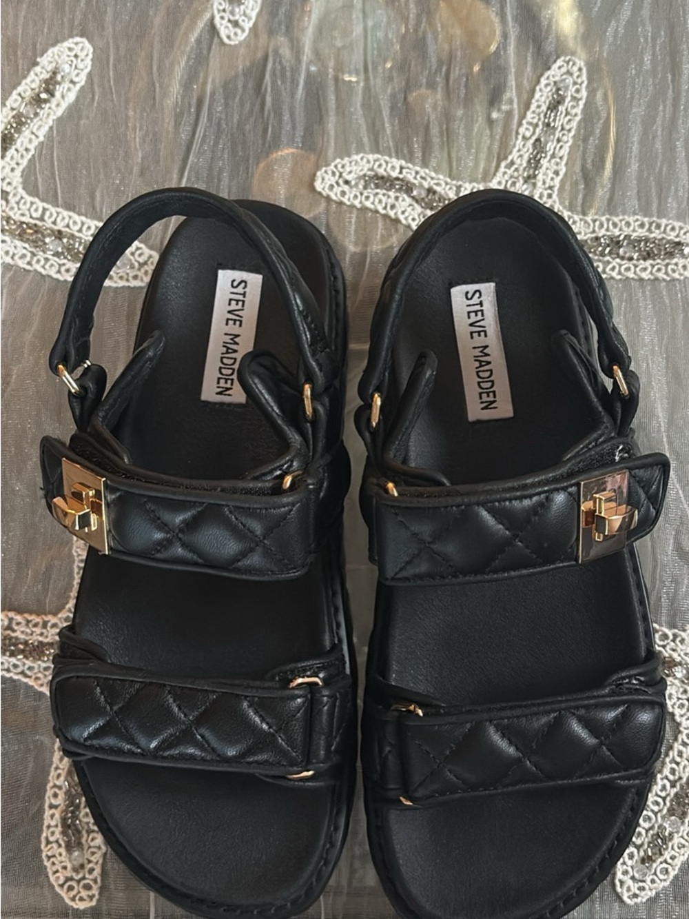 Steve Madden Black Quilted Strap Sandals with Gold Accents